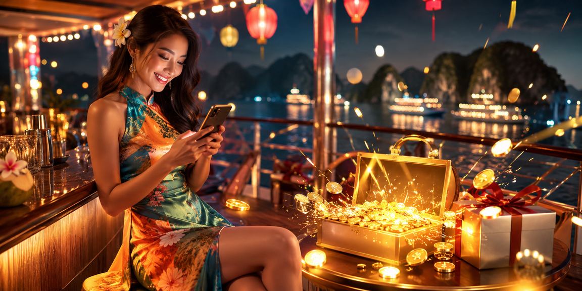 Người dùng trải nghiệm casino di động tại Vịnh Hạ Long với trang phục áo dài truyền thống