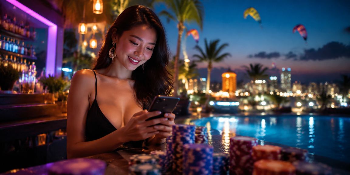 Màn hình hiển thị thông tin nạp tiền và ưu đãi tại khu resort Mũi Né về đêm